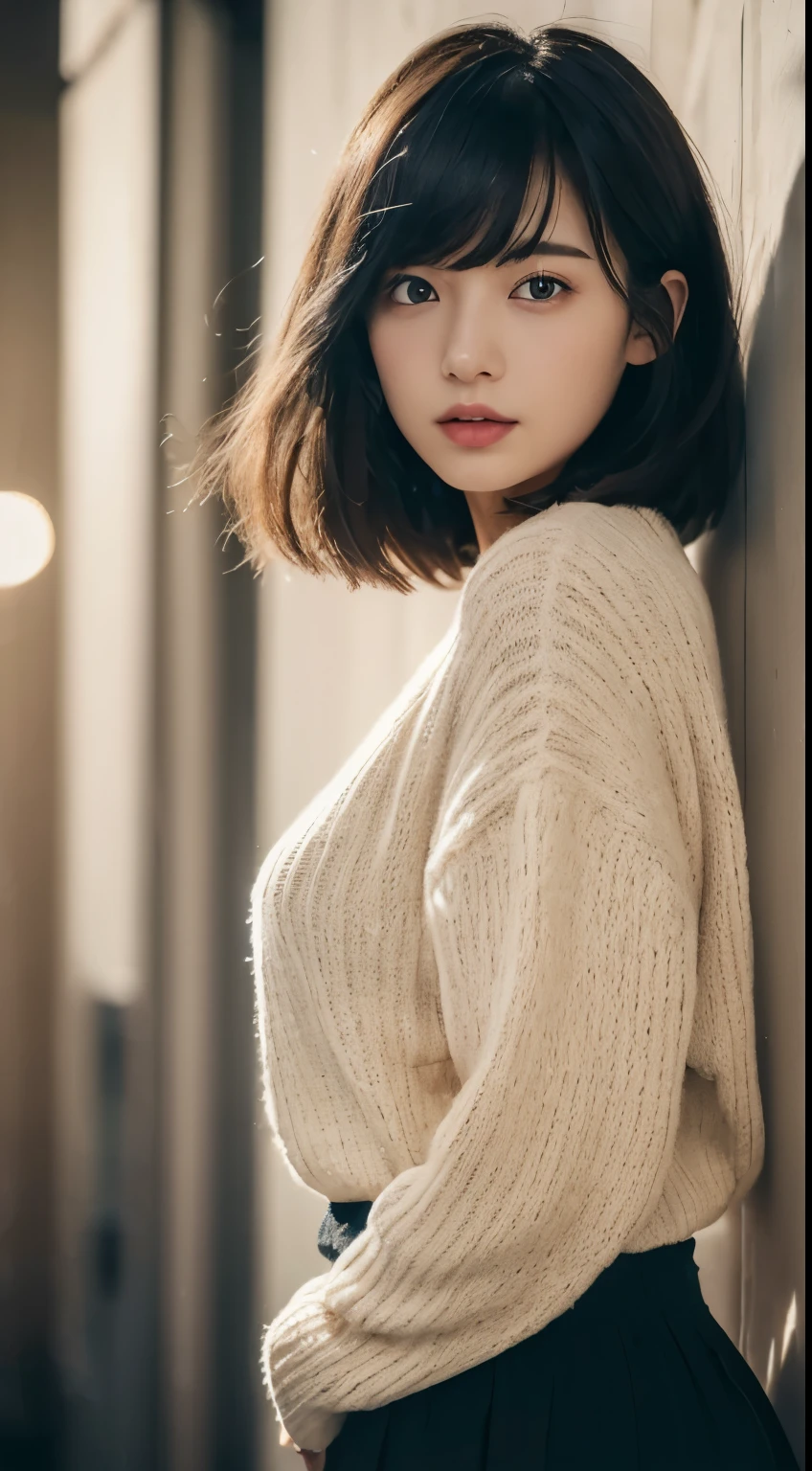 (top quality, ​Masterpiece, high resolution), (authenticity),beautiful japanese girl, Lovely, Gravure idle picture, detailed, detailed eyes, detailed skin, beautiful skin, beautiful skin, thin and long,  (wallpapene details, detailed face, sad, sweater, skirt, Look straight ahead,From the waist up, bright lights, professional lighting,  (A black-haired one, bob hair, layer cut, swaying in the wind, Bangs),