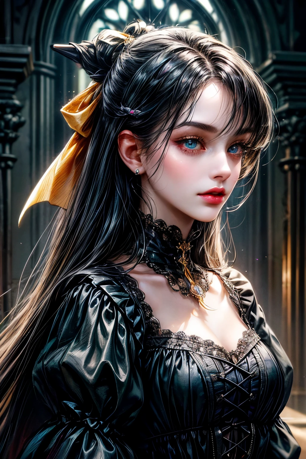 Gothic, left eye blue, right eye yellow, black hair, hime cut, long hair, ribbon, jewelry, heterochromia, longeyelashes, crescent earrings, masterpiece, ccurate, high details, best quality, super detail