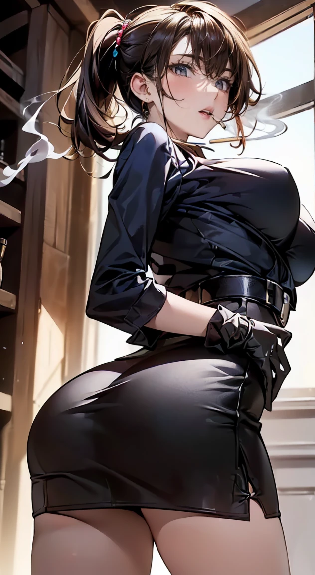 22 years old, (:0.8), (solo:1.5), (sfw:1.25), cute breaautiful breasts, mits,black suspen,(Bulging ,big breasts:1.1),(Blat:1.3),garters,Gaze,Small face,bangss,holster,Belt Armament,Beautuful Women, thin waist, big ass:1.0, Raised sexy, (dark greeediumlong hair,s ponytail,hair between eyes,bangs, dark blue eyes, light smile, big , Revimpling fabric, earrings, Hand gloves, detailed face,(smoking:1.3),detailed and beautiful eyes,beautiful detailed lips,Rolling her eyes,manner,(ultra high resolution, 8K RAW photo, photo realistics, thin outline:1.3, clear focus), best qualtiy, natural lighting, textile shading, field depth (Bright pupils, fine detailed beautiful eyes with highlight:1.3, high detailed face), Red lip, fine realistic skins:1.1, looking down viewers:1.3, (dynamic angle:1.3, front view:1.1, breast focus:1.3, from below:1.2), (dyposing:1.5, sexy posing:1.2, leaning forward),Youghal, s lock, hair ornaments, hair band,nice,garden background,artistic rendering,Super detailed,(highest quality,4k,8K,High resolution,masterpiece:1.2),Bright colors,studio lighting ,in usa military base,