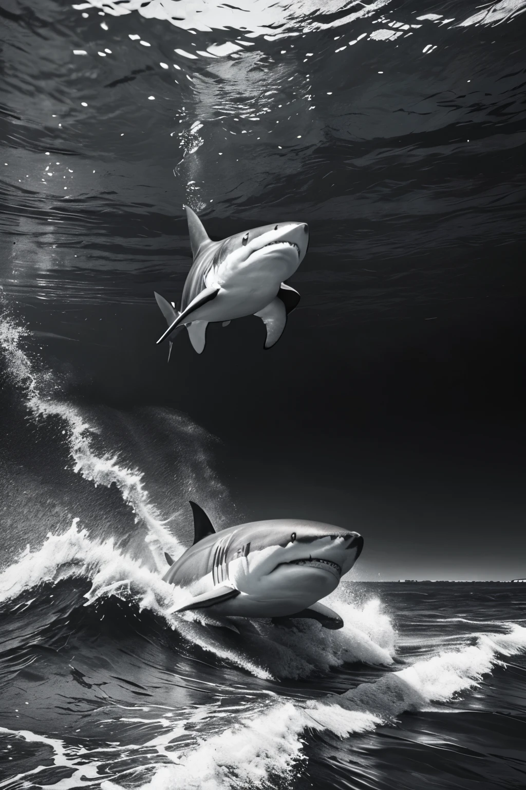 Super realism, black and white, shark, swimming in river,