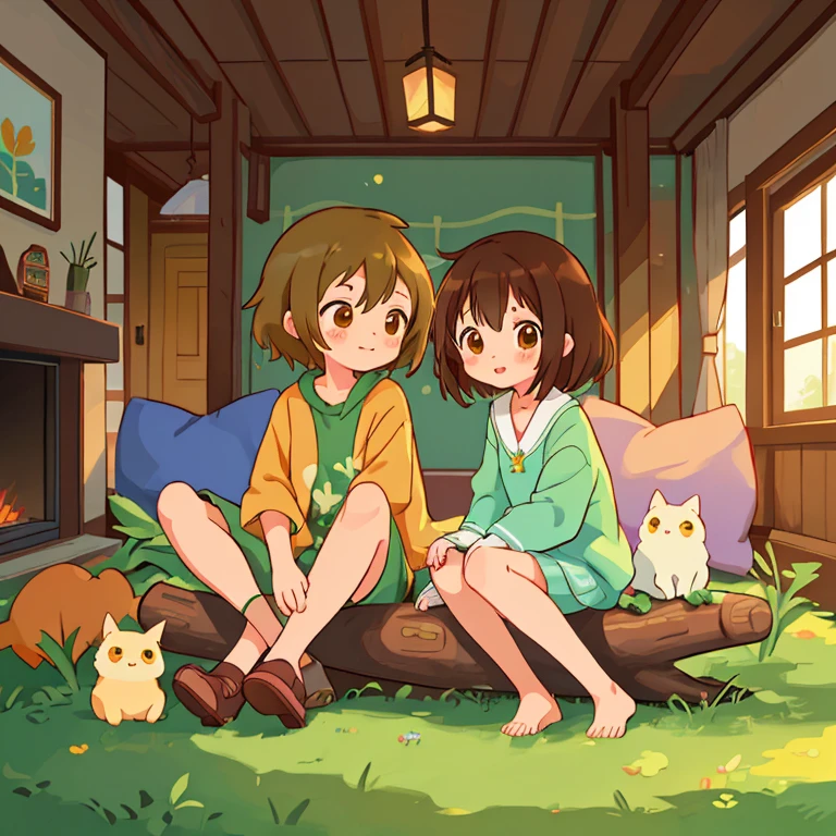 cartoon boy and girl of the same appearance(twins), 16 years, Same height, brown-eyed, medium length brown tousled hair, sitting on a carpet in a log village house next to a fireplace, Free postures, loose clothing style, free interaction with each other, many small environmental details, intricate details, high quality textures, charming digital painting, cute detailed digital art, Digital anime illustration, cute digital art, Cyril Rolando and Goro Fujita, Lois van Baerle and Rossdraus, Cute art style