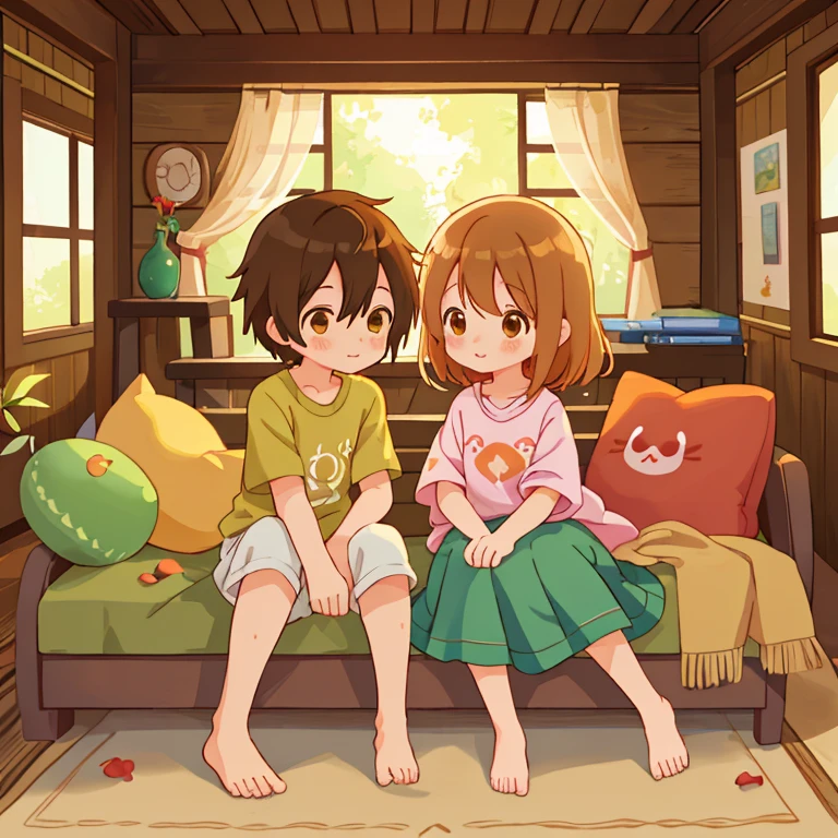 cartoon boy and girl of the same appearance(twins), 16 years, Same height, brown-eyed, medium length brown tousled hair, sitting on a carpet in a log village house next to a fireplace, Free postures, loose clothing style, free interaction with each other, many small environmental details, intricate details, high quality textures, charming digital painting, cute detailed digital art, Digital anime illustration, cute digital art, Cyril Rolando and Goro Fujita, Lois van Baerle and Rossdraus, Cute art style