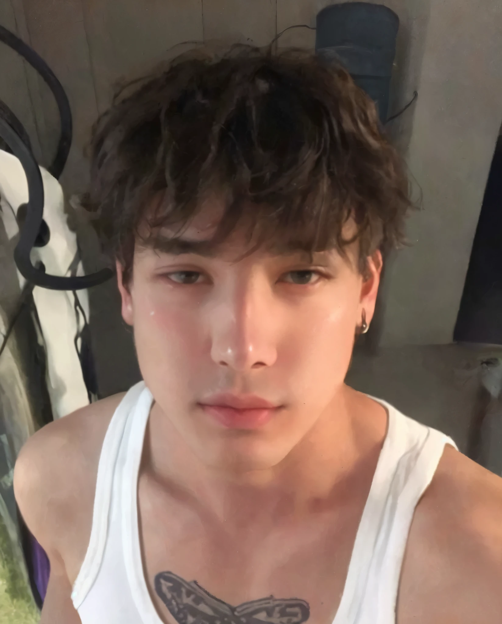 arafed man with a tattoo on his chest and a white tank top, 18 years old, profile image, 1 6 years old, sweaty face, 2 2 years old, tommy 1 6 years old, taken in the early 2020s, headshot profile picture, 21 years old, profile pic, he has short curly brown hair, zac retz