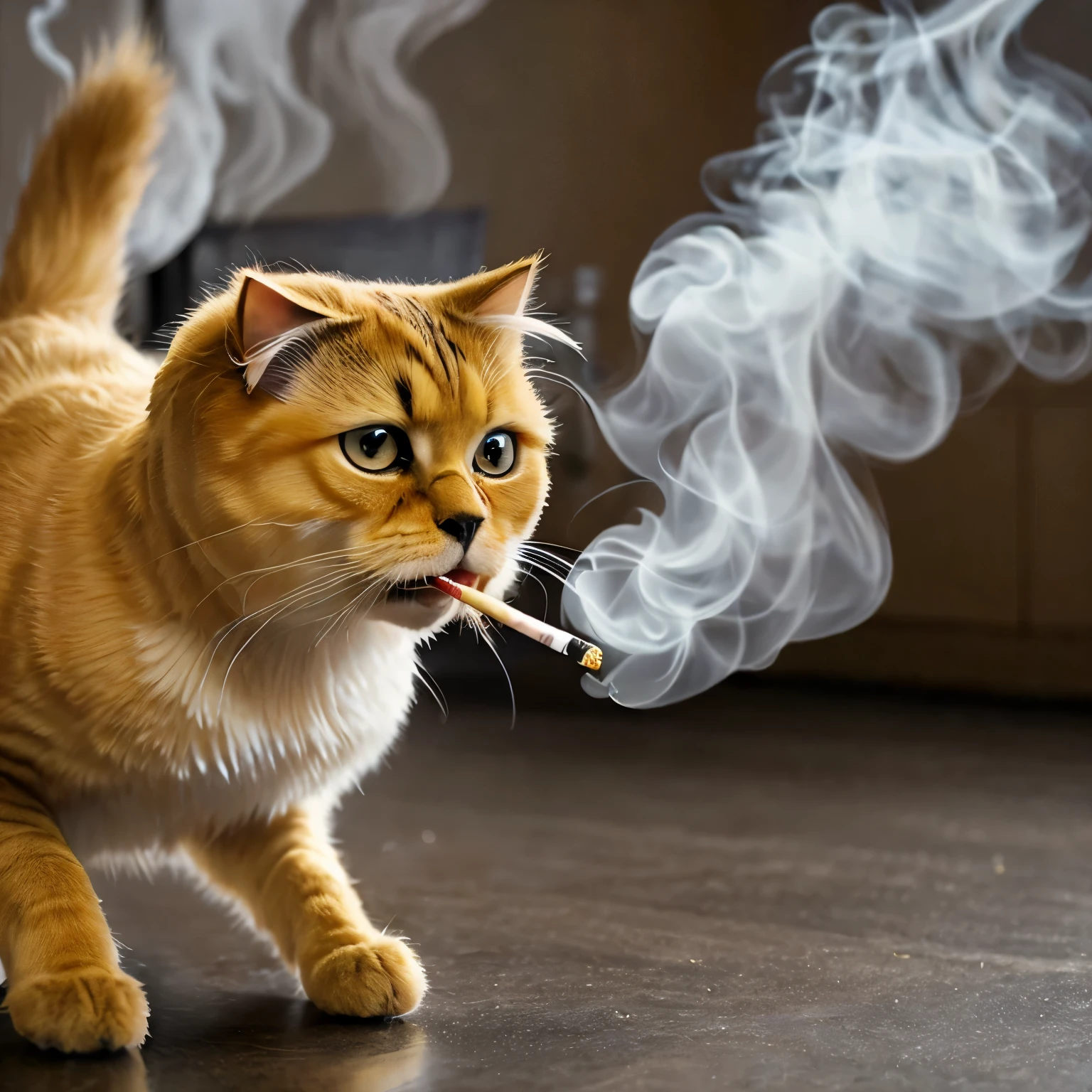 A golden Scottish Fold cat takes a deep drag on a cigarette、Coughing and exhaling smoke