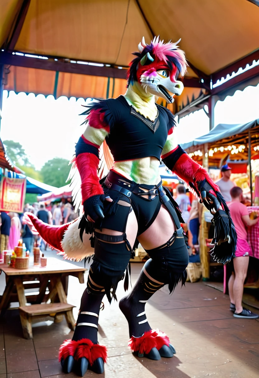 Ultra high resolution, best quality, masterpiece, (involuntary partial transformation), (mid transformation:2), (full body photo:1.6), (a shrunken, terrified, yet aroused male human LARPer fursuiter feathered armored combat wyvern mount piñata fursuit hybrid, transforming in a mexican pinata vendor stall at a ren faire live action roleplay event:1.9), (you shrink into a two foot tall pinata wyvern:1.5), (wearing cursed wyvern pinata mask, oversized muscle shirt, and sweat pants:1.75), (wearing wyvern saddle, riding harness, bridle, and foam platemail barding:1.8), (hanging suspended from ceiling rafters by a pinata rope tied to a small loop on his back:1.5), (human feathered wyvern piñata fursuit partial hybridization:1.85), (the magic wyvern pinata fursuit's frony zipper vanishes as your skin melds with the paper mache:1.4), ((black:1.6) (red:1.75) (pink:1.3) (azul:1.4) (white:1.2):2), (part human:1.8), ((human:1.8) (wyvern fursuit:1.4), (pinata:1.5) hybridization:1.5), (partial feralization:1.8), (real life, photorealistic:2.2), (your arms morph into wings as you try and fail to remove the cursed mask from your face:1.8), (Urbex found footage:1.7), (human face, not furry:1.6), (NSFW:1.85), (pinata-fication suspension bondage transformation:1.5)