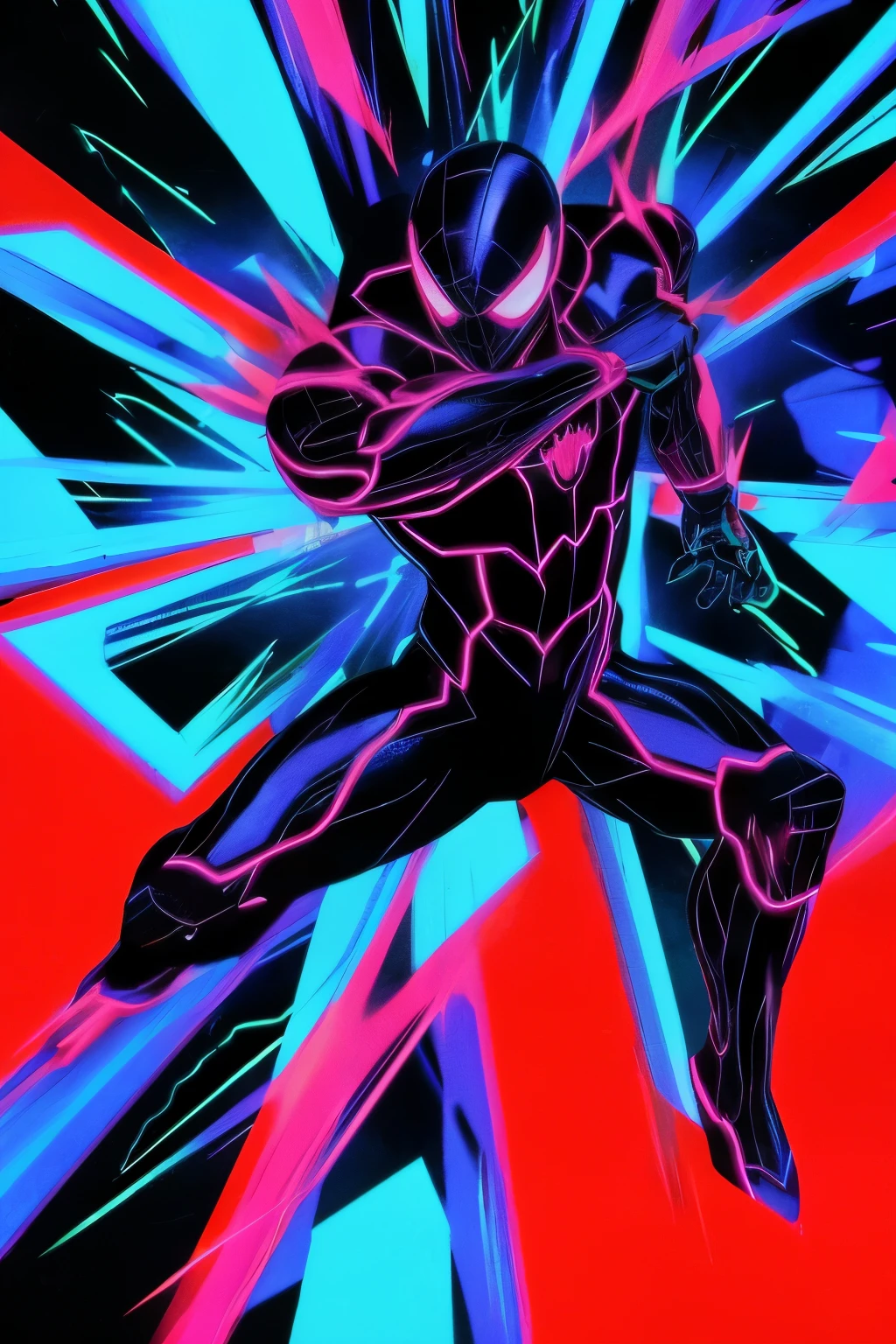 Neon Spiderman, with his entire figure depicted from head to toe against a black background, is the focus of this vivid Anime screencap. The red and blue colors of his suit pop against the darkness, reminiscent of the Retro Anime aesthetic. Film grain and VHS overlay effects add an authentic texture, while the Style Sylva Magic and Textual Inversion enhance the visual experience. Japanese text and the vintage anime style of Junji Ito complete the scene in this intricately detailed, Redline Style, 8k screencap.