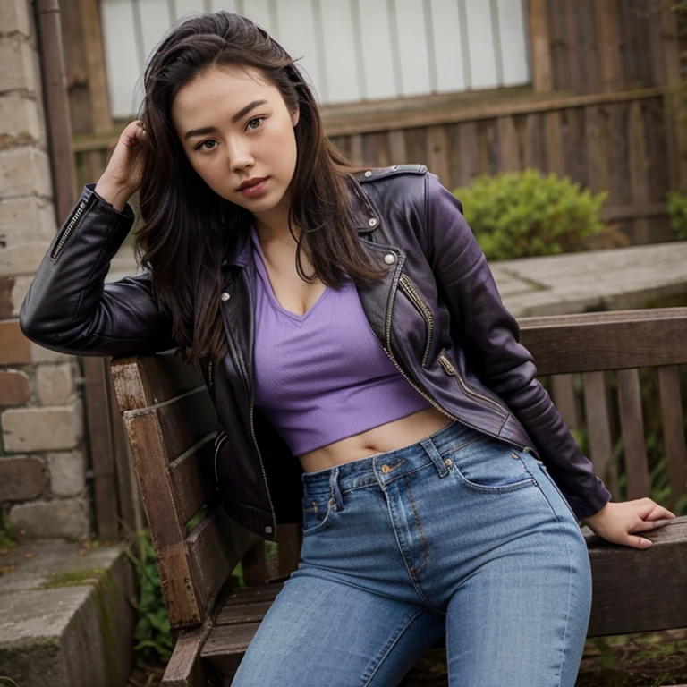 Jessica Henwick dressed in purple leather jacket and jeans