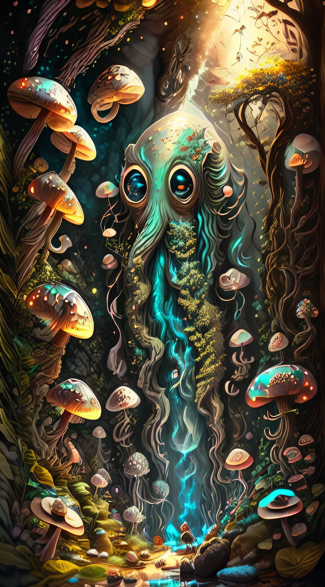 in a magical forest of lush idyllic, exotic green plants and lush flowers, Crystal clear water seeps: 1.2, ((Small creature with features of a mushroom and an octopus on top, Beeple and Jeremiah Ketner, an alien fungus with tentacles: 1.7)), very beautiful and cute:1.3, Detailed small eyes, and thin mouth, too cute, Fantasy, magic, mythological, fairy tale, magic tale, Detailed background, Global illumination:1.2, Celestial illumination:1.2, al magic lighting, backlight, , 3d stylized rendering, 3D rendering beep, Highly detailed 4K digital illustrations, Beeple's Daily Illustrations, Cute Detailed digital illustrations, Detailed 3D digital illustrations, 8K high quality detailed illustrations, State of the art VFX Autodesk Maya, Post-production