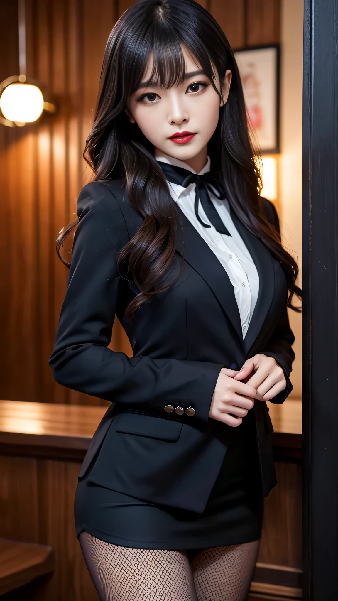 tra-detailed、Japanese、Attractive beauty、seductive adult woman、Pretty Woman、piercing eyes、cool girl、wavy hair、swept bangs、suit、Jacket、blouse、ribbon、Tight Skirt、fishnet pantyhose、Glossy legs、Evil cadres、Fallen into evil、brainwash、mind control、lipstick、lip gloss、dark makeup、smirk、Evil expression、evil、hollow eyes,half-closed eyes、empty eyes、evil、night room、church at night、Vampire、succubus、vampire、Swear allegiance、stand、