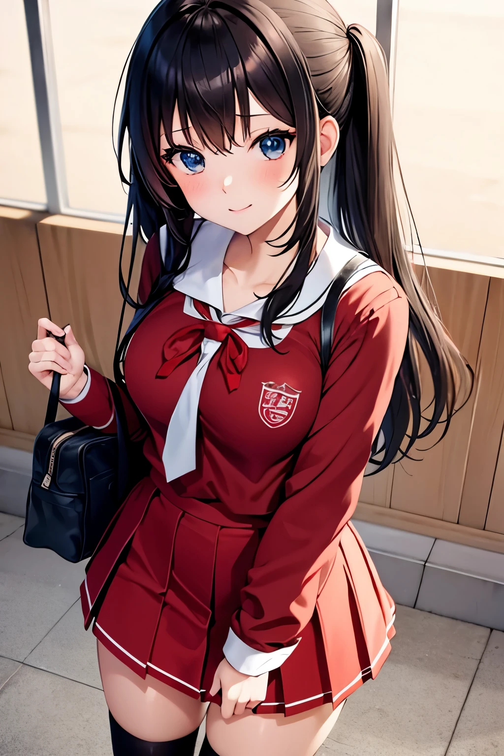 Anime girl, using a red school girl outfit, in  school.