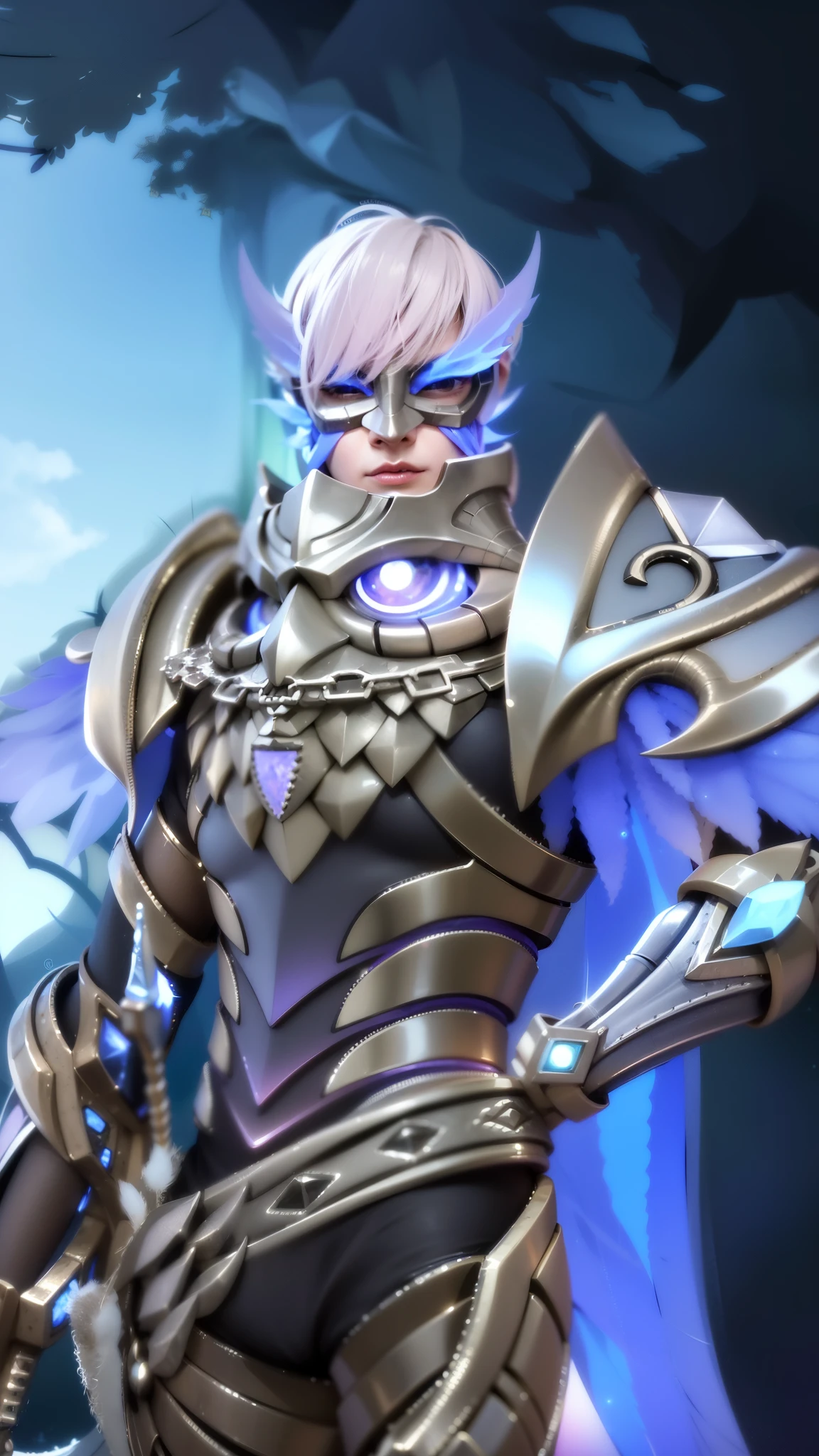 a close up of a boy in a costume with a mask, sliver ice color reflected armor, shinning armor, ice crystal armor, ice lord, grimdark paladin, wearing thunder armor, crystalline skin, wearing diamond armor, clothed in ethereal armor, ice mage, warrior platinum armor, mystical atlantean valkyrie, 8k, ultra hd, ultra detailed texture, hyper realistic, masterpiece, detailed texture, detailed face, detailed skin, detailed lighting, (photorealistic:1.5), best quality, beautiful lighting, cinematic lighting, professional lighting, ultra highres, realistic, detailed hair, real hair, high quality, (realskin:1.5), extremely detailed, finely detail, ultra-detailed