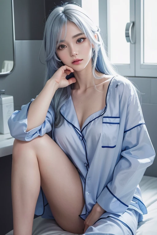 anime style、white skin、white hair、long hair、Hair with blue highlights、upward、Large and noticeable、Colorful gas expression、seductive big breasts、feminine、High-frequency detail (((sharpness)))、( (sharp focus: 1.2))、puerosface_V1: 0.7)、(8K、highest quality)、Very large chest light)))、beautiful lighting、highly detailed face、well drawn hands、Well drawn legs、Well designed legs、exposed chest、（masterpiece：1、2）、highest quality、masterpiece、High resolution、Original and detailed wallpapers、information：pajamas、縞模様のpajamas、ロングpajamas、pajamasシャツ、太ももを覆うpajamas、slightly disheveled hair、Bathroom Background Scene、chest covered with shirt,、pajamasで覆われた胸、上着全体を埋めるpajamas、首までのpajamas