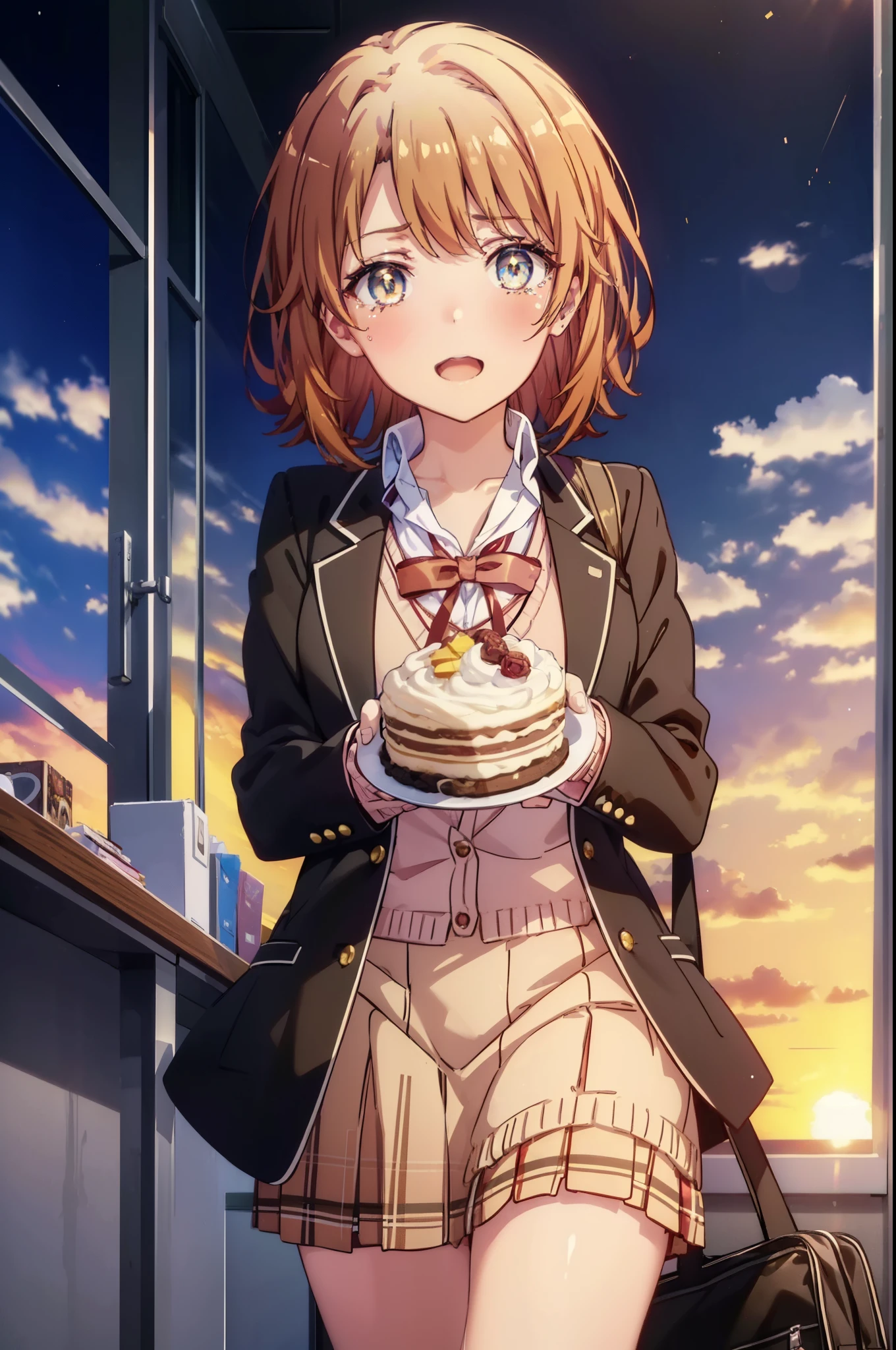 irohaisshiki, Isshiki Iroha, short hair, brown hair, (Brown ruby eyes:1.5), smile,blush,Open your mouth wide,Tears running down her face,Tears of joy、I cry a lot、break skirt, shirt, ribbon, , Jacket, white shirt, open clothes, socks, open Jacket, black Jacket, plaid, knee high, plaid skirt, blazer, cardigan, black socks, pink cardigan,Holding a large bouquet in both hands ,birthday,A birthday cake is on the table,confetti,evening,sunset,The sun is setting,
break indoors,School　classroom ,
break looking at viewer,Upper body,(cowboy shot:1. 3)
break (masterpiece:1.2), highest quality, High resolution, unity 8k wallpaper, (shape:0.8), (beautiful and detailed eyes:1.6), highly detailed face, perfect lighting, Very detailed CG, (perfect hands, perfect anatomy),