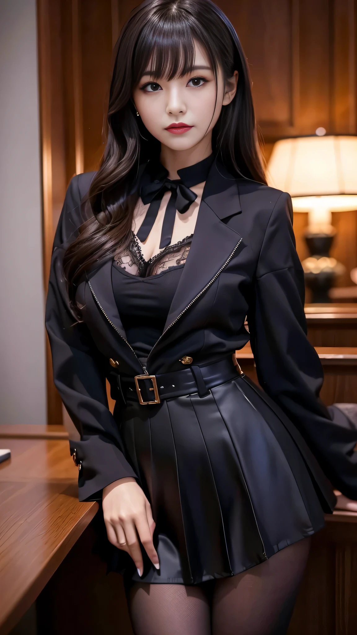 tra-detailed、Japanese、Attractive beauty、seductive adult woman、Pretty Woman、piercing eyes、cool girl、wavy hair、swept bangs、suit、Jacket、blouse、ribbon、Tight Skirt、fishnet pantyhose、Glossy legs、Evil cadres、Fallen into evil、brainwash、mind control、lipstick、lip gloss、dark makeup、smirk、Evil expression、evil、hollow eyes,half-closed eyes、empty eyes、evil、night room、church at night、Vampire、succubus、vampire、Swear allegiance、stand、