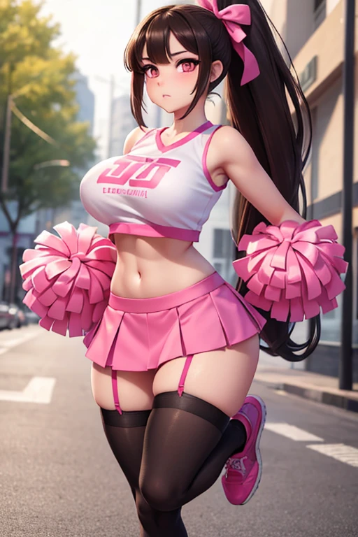 Ultra detailed, ultra quality, detailed eye, perfect quality, 4k, Hd, 
 busy city, crowd, 1girl, pink Cheerleaders costume, masturbation, random hair style, black hair, red eye, Multicolored hair, micro skirt, no panties, squirt peeing,  exposed, cheering with lewd smiling face, blush face. open leg pose, squat and legs wide open, black thigh-high socks, thigh gap, shiny skin, shiny body, wet body, big areola, thic areola, big breastbreast, mature body.