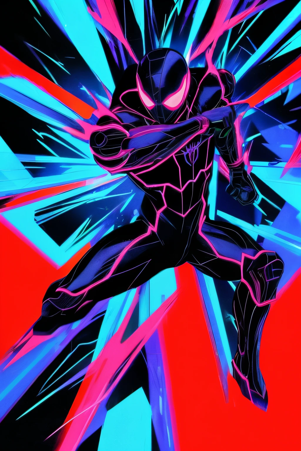 Neon Spiderman, with his entire figure depicted from head to toe against a black background, is the focus of this vivid Anime screencap. The red and blue colors of his suit pop against the darkness, reminiscent of the Retro Anime aesthetic. Film grain and VHS overlay effects add an authentic texture, while the Style Sylva Magic and Textual Inversion enhance the visual experience. Japanese text and the vintage anime style of Junji Ito complete the scene in this intricately detailed, Redline Style, 8k screencap.