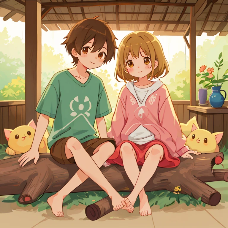 cartoon boy and girl of the same appearance(twins), 18 years, Same height, brown-eyed, medium length brown tousled hair, sitting on a carpet in a log village house next to a fireplace, Free postures, loose clothing style (comfortable home clothes, Minimum clothing), free interaction with each other, many small environmental details, intricate details, high quality textures, beautiful proportional bodies, charming digital painting, cute detailed digital art, Digital anime illustration, cute digital art, Cyril Rolando and Goro Fujita, Lois van Baerle and Rossdraus, Cute art style