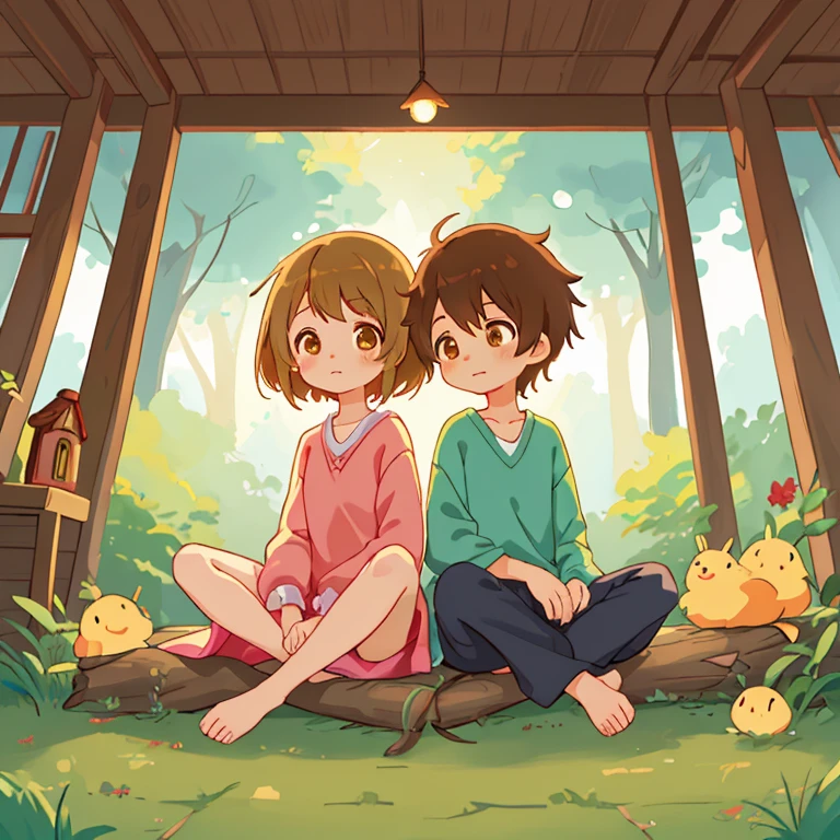 cartoon boy and girl of the same appearance(twins), 18 years, Same height, brown-eyed, medium length brown tousled hair, sitting on a log by the fire , dark forest, Stars in the sky, Free postures, loose clothing style (underwear, Half-nude), comfortable homely atmosphere, free interaction with each other, many small environmental details, intricate details, high quality textures, beautiful proportional bodies, charming digital painting, cute detailed digital art, Digital anime illustration, cute digital art, Cyril Rolando and Goro Fujita, Lois van Baerle and Rossdraus, Cute art style