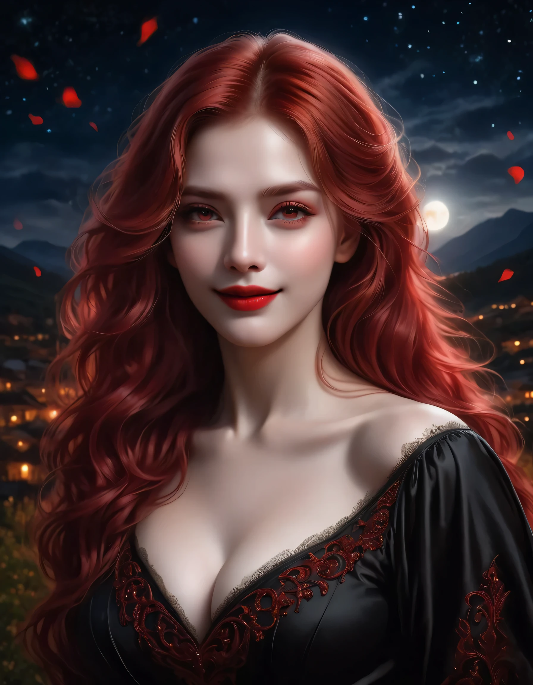 (Masterpiece, Best Quality:1.3), absurdres, (8k resolution), illustration, ((outline, thick lineart)), (faux traditional media:1.3), looking at viewer,(masterpiece,best quality),HDR,high-definition,[[Intricate Details]],cinematic,photorealisticportrait shot, ((vivid red hair)), mature woman, 30 years old, diamond face, moonlight, red starry sky background, depth of field, magic, big red lips, ((dark black eyes)) black and red long and full dress, covered chest, mystical atmosphere, smile expression, posing, taut and well defined body, attractive. Highly realistic, pale skin, beautiful, hyperrealism, skin very elaborated, direct gaze
