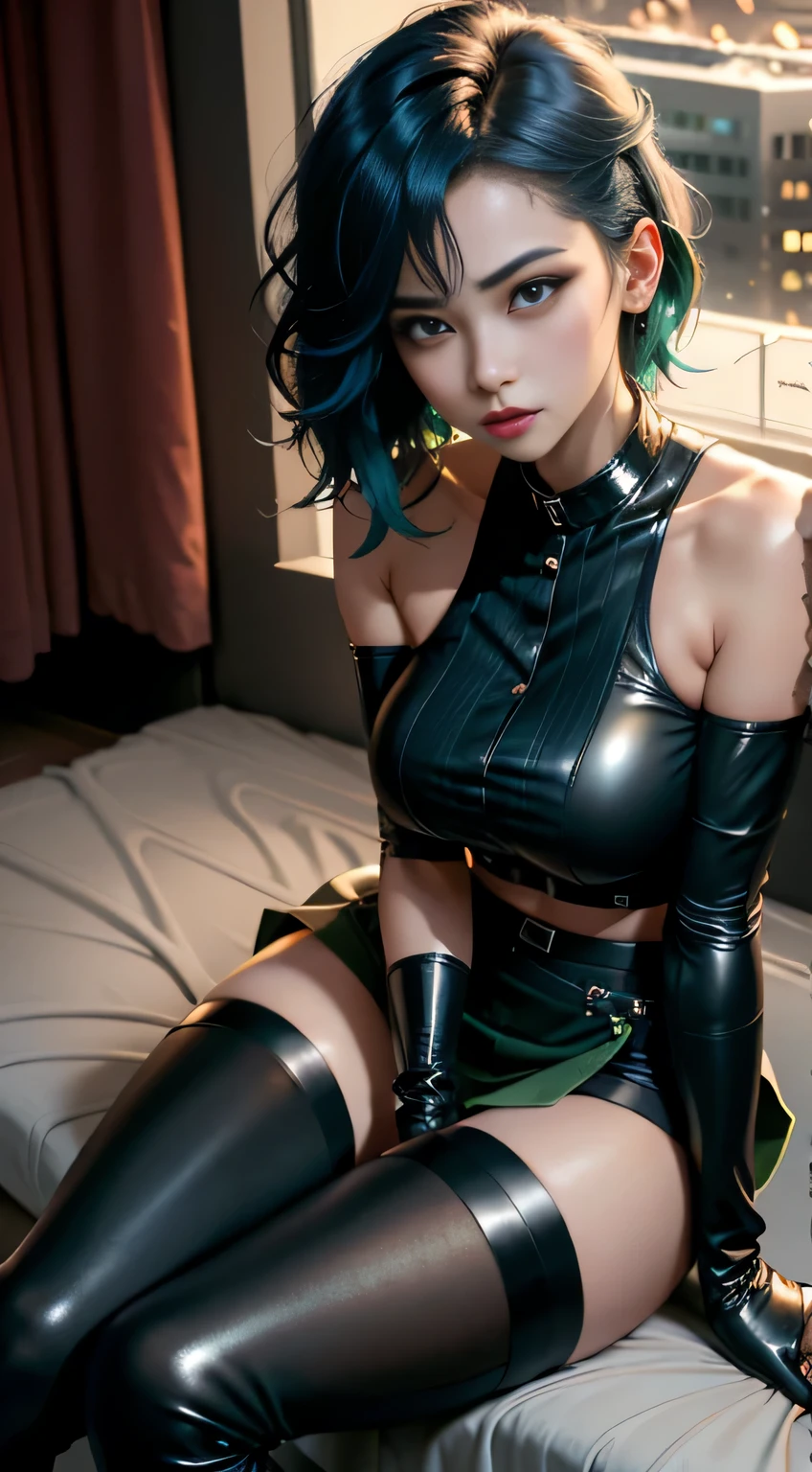 (pornography), (8k,masterpiece, top quality, best quality,beautiful and aesthetic:1.2,professional illustrasion:1.1,ultra detail:1.3,perfect lighting), extremely detailed, highest detailed, incredibly absurdres, highres, ultra detailed, intricate:1.6, (girl), beautiful, kawaii, beautiful eyes, beautiful hair, aquamarine eyes, cute rip, medium breasts, oily skin, ((brond_green hair)), ((blunt bang:1.2)), (braid ponytail:1.4), ringlets, off shoulder, black pantyhose, Black Choker, leather boots, very short length white shirts with open chest, very short pleated miniskirt, nsfw