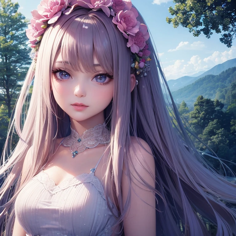 best quality,4k,8k,highres,masterpiece:1.2),ultra-detailed,realistic(photorealistic,photo-realistic:1.37),portrait,landscape,girl,1girl,beautiful detailed eyes,beautiful detailed lips,extremely detailed eyes and face,long eyelashes,doll-like appearance,chibi,pink dress,pink bow on her head,sends an air kiss,clear blue sky