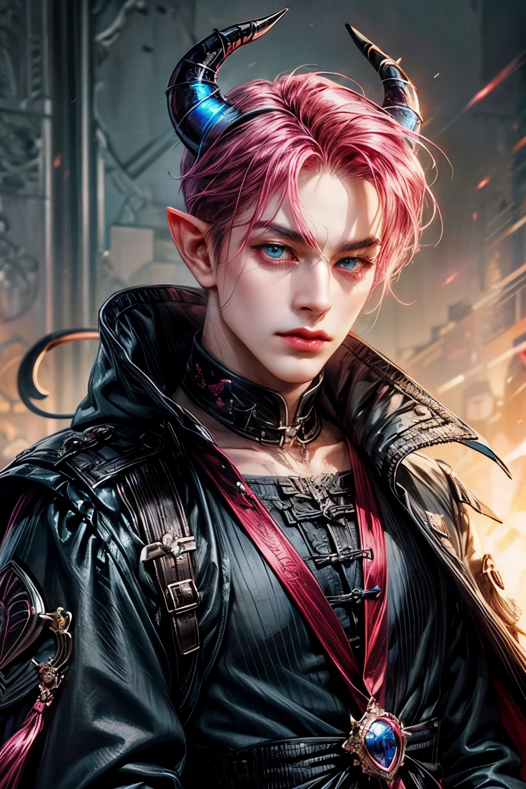 Black and pink hair, blue eyes, gradient hair, undercut, ribbon, horns, demon horns, forehead jewel, hair bobbles, heart hair ornament, heart-shaped pupils, glowing eyes, pointy ears, heart in eye, oral invitation, male, masterpiece, ccurate, super detail, high quality, best quality, high details