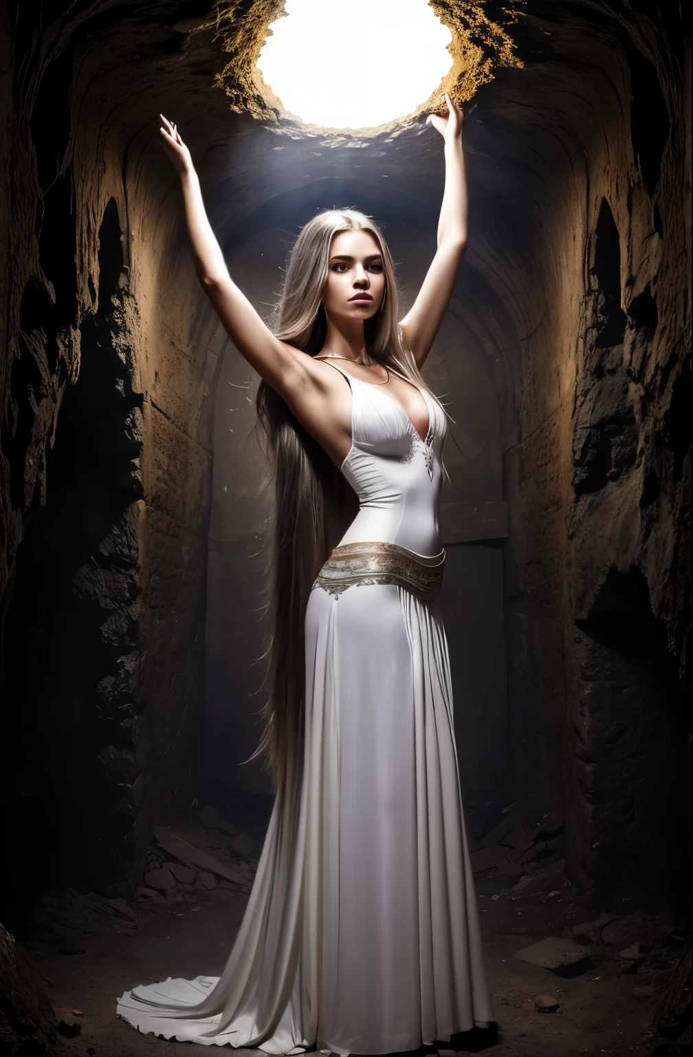 (Digital Art, meisterwerk) slim extremely beautiful sexy powerful mighty perfect face silver long hair golden eyes 23 year old woman in white clothes  standing proudly with raised arms  in an evil ritual, in a dark cragged dusty huge natural cavern with eerie lighting , dramatic powerful lighting