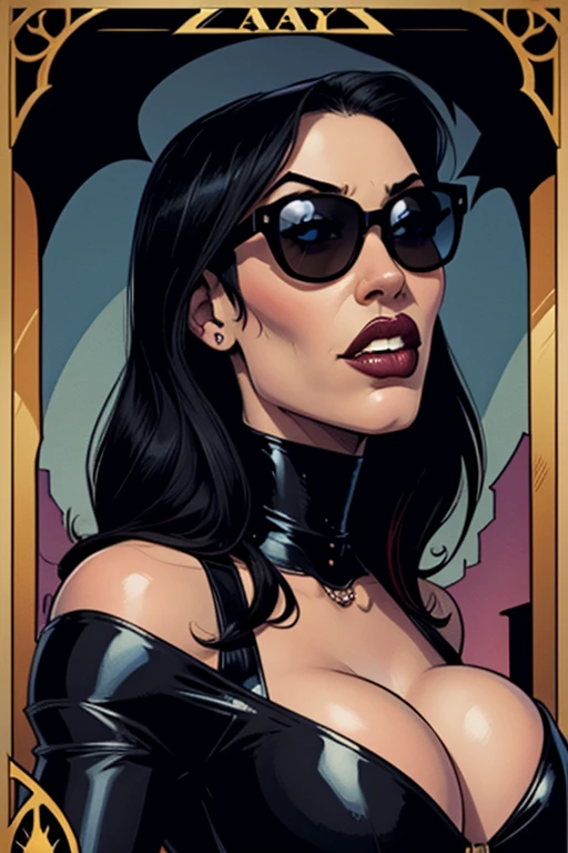 una mujer (massive breasts, glossy, cleavage, full lips, Ray Ban sunglasses) con cabello negro largo y vistiendo una falda corta negra, ojos azules, arte zombie, gothic art, nice aesthetic with vibe, cartoon aesthetic, vistiendo traje rojo, wearing gothic accessories, parecerse a cassie hack, backward, Mirando backward, retrato, in the style of fancy Tarot cards