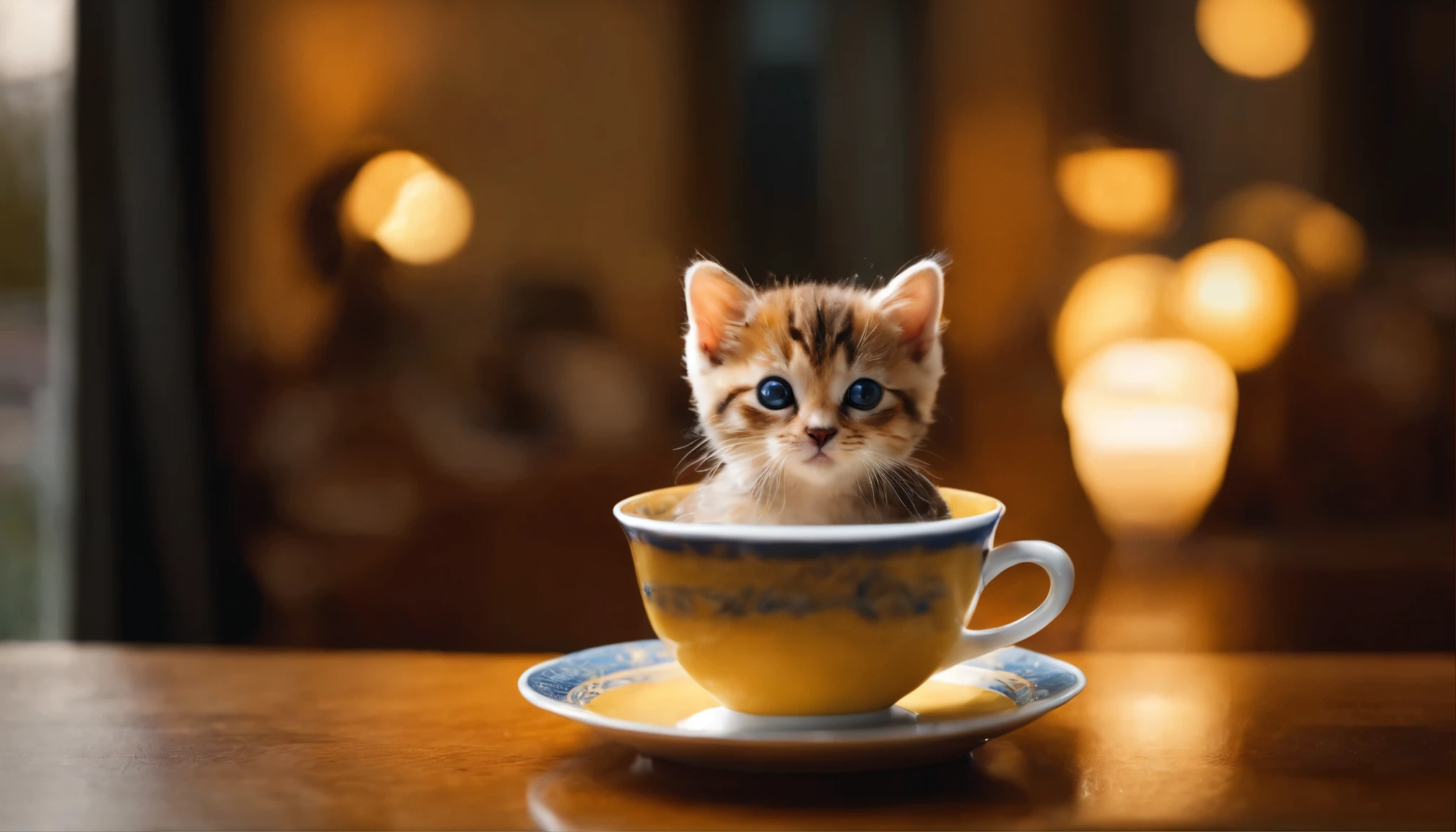 Cat, (Himalayas), (small)))), in a tea cup, face, front legs come out, 8K, professional photos, delicate, clear, on the table, inside the house, sunlight, Light leakage, masterpiece, ((cute))), stylish tea cup, (reality), stuffed toy, round pupil