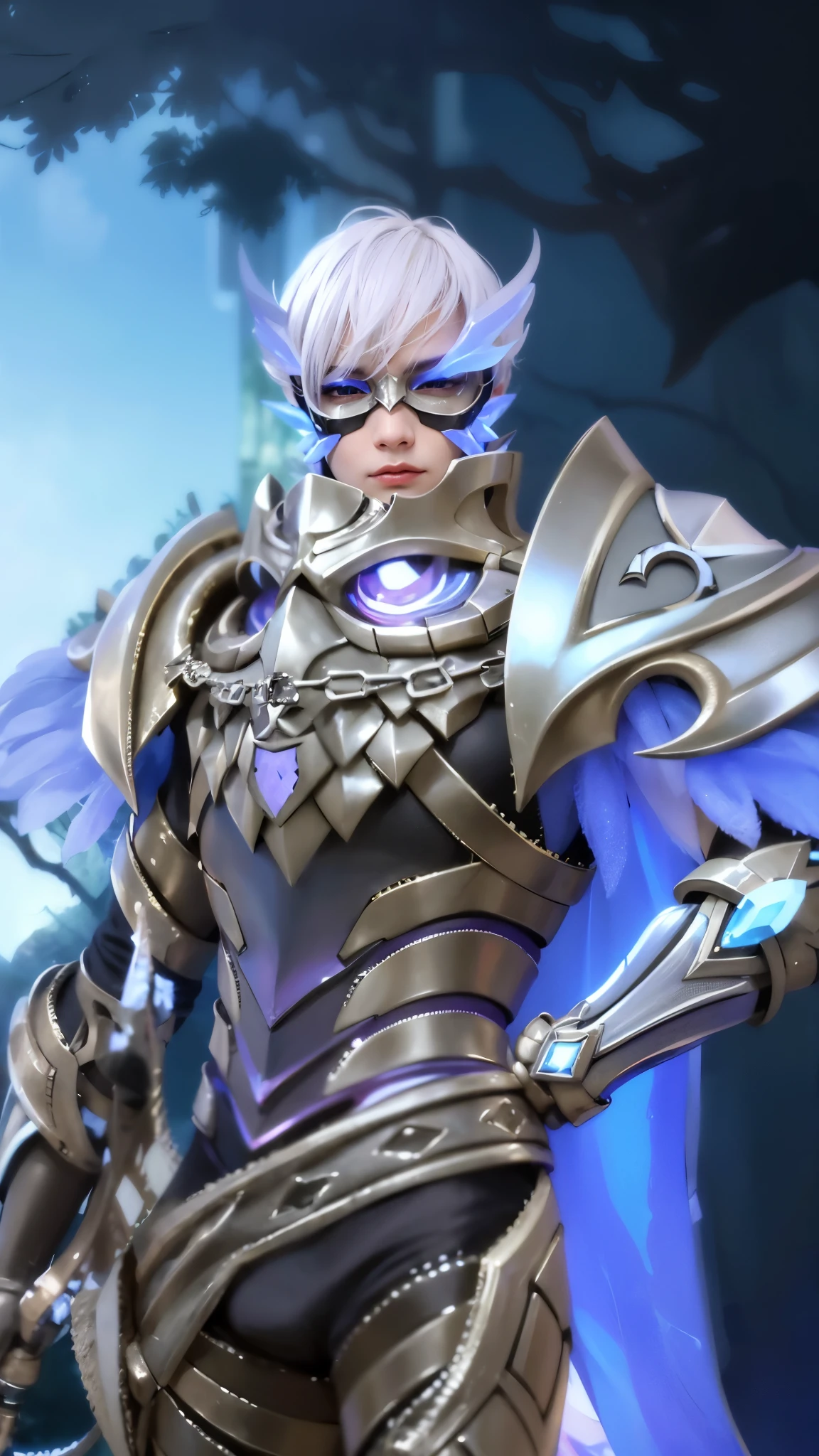 a close up of a boy in a costume with a mask, sliver ice color reflected armor, shinning armor, ice crystal armor, ice lord, grimdark paladin, wearing thunder armor, crystalline skin, wearing diamond armor, clothed in ethereal armor, ice mage, warrior platinum armor, mystical atlantean valkyrie, 8k, ultra hd, ultra detailed texture, hyper realistic, masterpiece, detailed texture, detailed face, detailed skin, detailed lighting, (photorealistic:1.5), best quality, beautiful lighting, cinematic lighting, professional lighting, ultra highres, realistic, detailed hair, real hair, high quality, (realskin:1.5), extremely detailed, finely detail, ultra-detailed