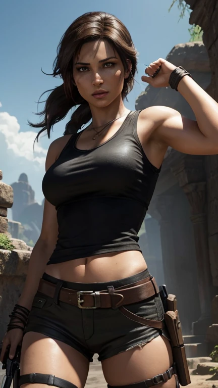 It sounds like you're describing Lara Croft, the iconic video game character known for her adventurous spirit and signature look. With her black top, long black hair, and black casual shorts, she's ready for action and exploration. She's been a symbol of female empowerment in gaming for decades, known for her intelligence, athleticism, and resourcefulness. Whether she's raiding tombs or uncovering ancient mysteries, Lara Croft continues to inspire players around the world.