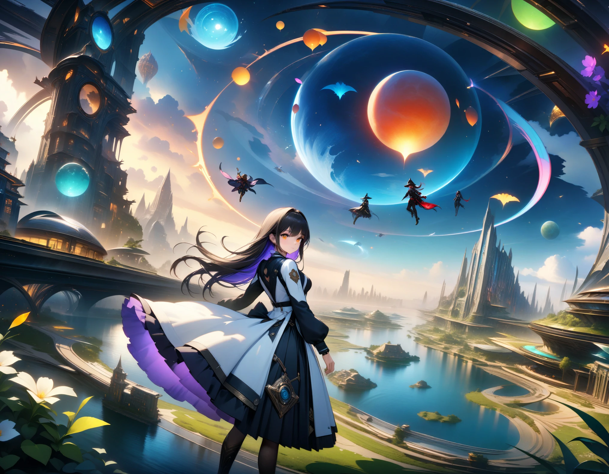 ((Game CG)), dramatic angle, (((fantasy science))), 1 young magical girl flying on the sky, young sister taste, jet black semi-long hair with honey inner color, amber eyes, glowing eyes, wearing back cape, dark color clothing, magic around her, joyful face, magic city, scientific architecture, mystical energy, magic particle, science fantagy, advanced technology, witches flying on the sky, future style, fantastic atmosphere, advanced infrastructure, teleport, water city, oasis, sophisticated urban, hope, glory, another planet, 32k, ((masterpiece, best quality, ultra-detailed, an extremely delicate and beautiful)), ((extremely detailed CG unity 8k wallpaper)), ((award winning, ccurate, UHD, textured skin, chromatic aberration, perfect anatomy, golden ratio)), (concept art), (exquisite attention to detail), ((perfect_composition, perfect_design, perfect_layout, perfect_detail, ultra_detailed)), ((aesthetic harmony))