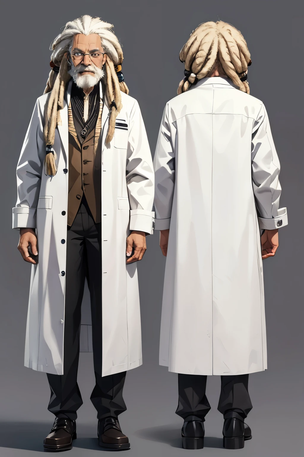 old man, 75 years old, scientist, white hair, dreadlocks, rasta hair, white coat, futuristic, various angles, (front, back, side), character sheet, model sheet, reference sheet.