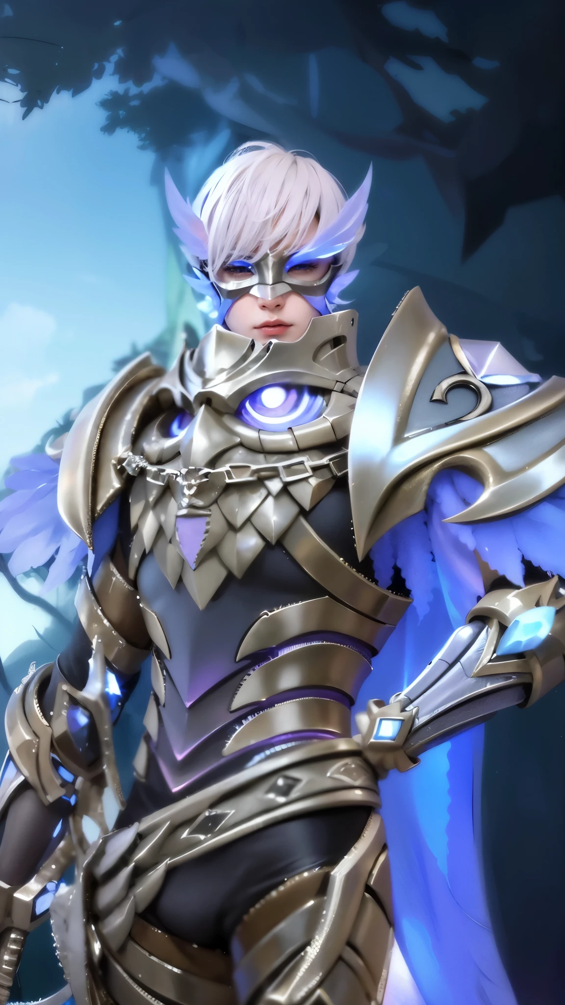 a close up of a boy in a costume with a mask, sliver ice color reflected armor, shinning armor, ice crystal armor, ice lord, grimdark paladin, wearing thunder armor, crystalline skin, wearing diamond armor, clothed in ethereal armor, ice mage, warrior platinum armor, mystical atlantean valkyrie, 8k, ultra hd, ultra detailed texture, hyper realistic, masterpiece, detailed texture, detailed face, detailed skin, detailed lighting, (photorealistic:1.5), best quality, beautiful lighting, cinematic lighting, professional lighting, ultra highres, realistic, detailed hair, real hair, high quality, (realskin:1.5), extremely detailed, finely detail, ultra-detailed