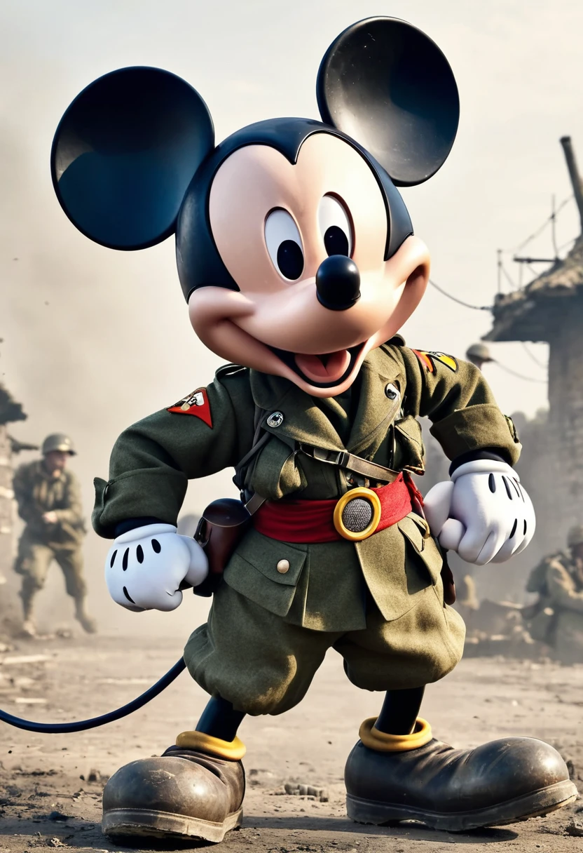 Mickey mouse, luchando, en la segunda guerra mundial, animado, con traje de guerra 