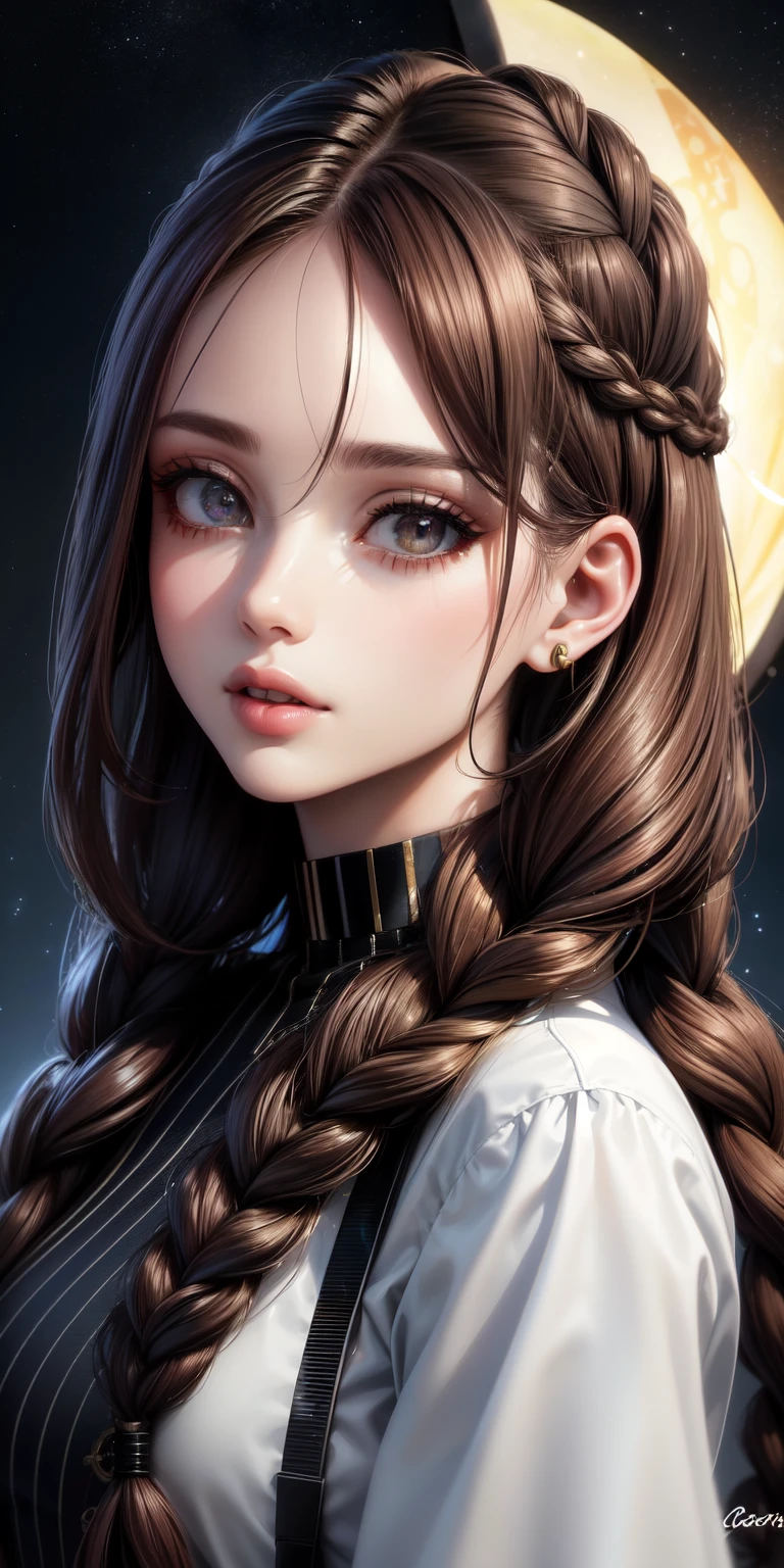 realista, 1 garota, loose marsala braids, olhos castanhos escuros, olhos brilhantes, cabelo longo, roupas militares, parted lips, corar, noite, predios iluminados, mac-10,