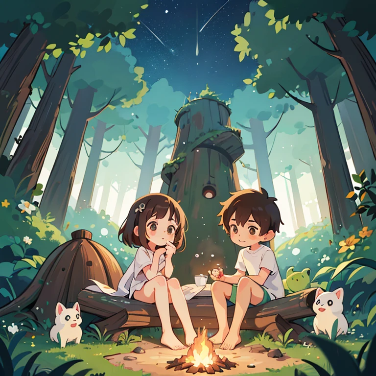 cartoon boy and girl of the same appearance(twins), 18 years, Same height, brown-eyed, medium length brown tousled hair, sitting on a log by the fire , dark forest, Stars in the sky, Free postures, loose clothing style (underwear, Half-nude), comfortable homely atmosphere, free interaction with each other, many small environmental details, intricate details, high quality textures, beautiful proportional bodies, charming digital painting, cute detailed digital art, Digital anime illustration, cute digital art, Cyril Rolando and Goro Fujita, Lois van Baerle and Rossdraus, Cute art style