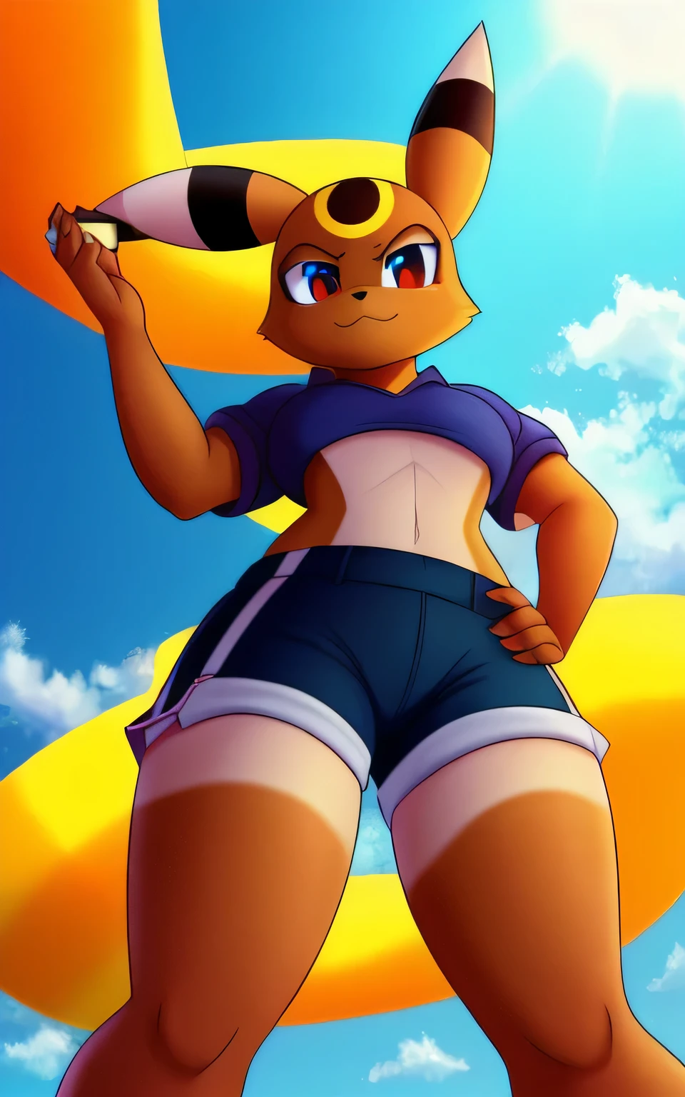 Furry-Eeveution, Carregado no E621,Umbreon [sharp focus], [questionable content], 1 garota,standing,suado,molhado,olhando para o espectador,Olhar zangado,corar,seios grandes,saia curta,shorts de bicicleta,corte superior,decote,coxas grossas,bunda grande,,Academy History