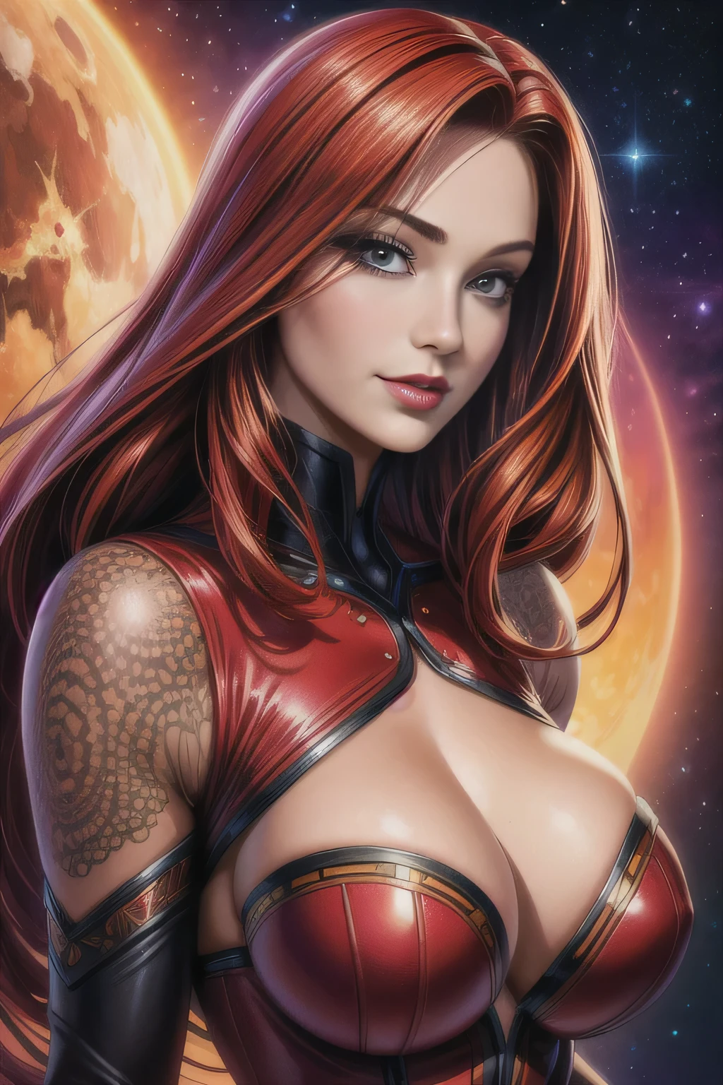 Portrait, beautiful woman with vivid red hair hair and a silky red dress, hourglass figure, symmetrical figure, highly detailed face, beautiful face, calming black eyes, lush red lips, smiling, alluring, stunning digital illustration, cosmic fantasy background, beautiful digital artwork, magenta lighting, glossy digital painting, gorgeous digital art, 4k detailed digital art, beautiful digital illustration, 4k highly detailed digital art, beautiful digital art, realistic digital art 4k, realistic digital art 4k, airbrush digital art