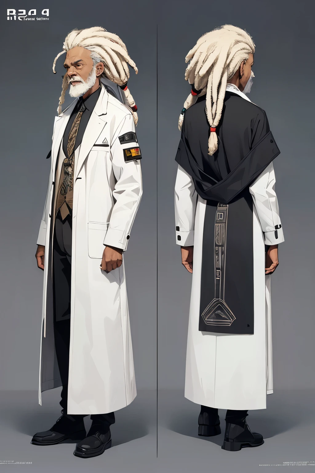 old man, 75 years old, scientist, white hair, dreadlocks, rasta hair, white coat, futuristic, various angles, (front, back, side), character sheet, model sheet, reference sheet.