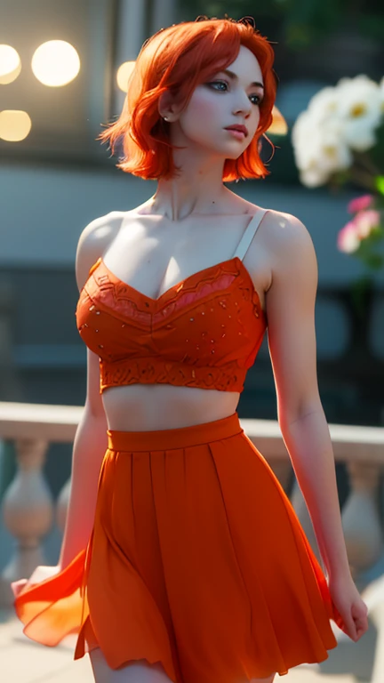 Ultra realistic, 16k, high quality, 1 girl, short orange hair, shoulder-length orange/red hair that spreads across her left temple and is tucked behind her ear, eyes blue, bright eyes, white skin, pale skin, flushed cheeks, narrow waist, big hips, hot legs, skirt, parted lips, blush, night, flowers, sun, sollight, 25 years old, (beautiful tall body), professional photography of a stunning woman detailed, sharp focus, dramatic, award-winning, cinematic lighting, volumetric dtx, (film grain, blurred background, blurred foreground, Bokeh, depth of field, motion blur:1.3), multiple hot sexy poses.