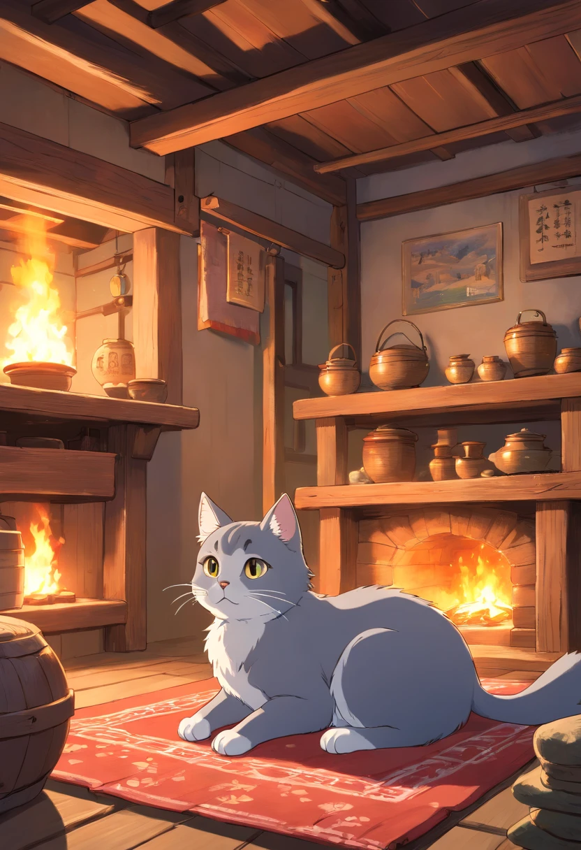 A heartwarming and melancholic Studio Ghibli-style anime scene featuring a contented, gray cat lounging on a cozy cushion within a charming village hut. The room is adorned with rustic decor and classic Japanese elements, creating a warm and inviting atmosphere. The background showcases a traditional Japanese hearth with a fire burning, casting a soft glow over the scene.