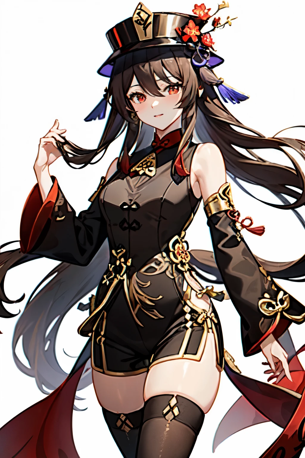 (1 sexy anime girl),(genshin impact),(Hu Tao),(long brown hair),(red eyes),(clothes: A colored blouse with long sleeves and open on the shoulders),(the blouse has details gold details and neck closure), (tight black shorts up to the thighs), (black belt with gold details surrounding the waist), (a pair of long black stockings), (a brown hat with red flowers).