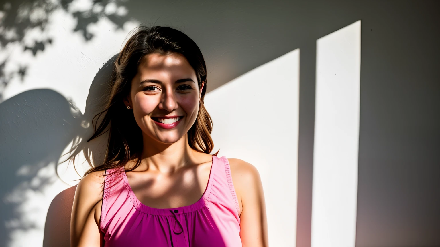 Photo RAW, face portrait photo of beautiful 36 years old. o woman, cute face, wearing pink dress, happy face, light shadows, cinematic taking, dramatic lighting