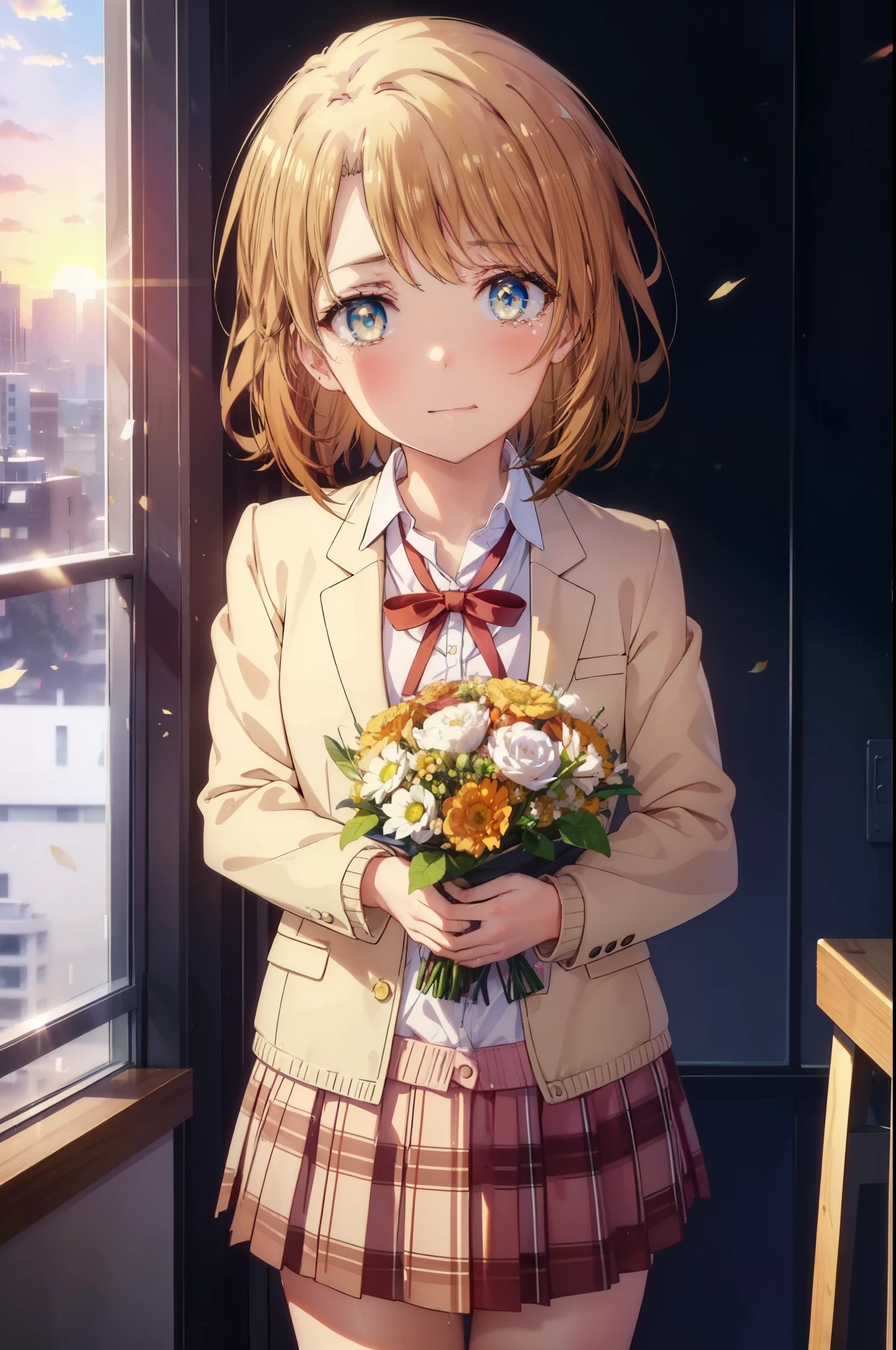 irohaisshiki, Isshiki Iroha, short hair, brown hair, (Brown color eyes:1.5), smile,blush,Open your mouth wide,Tears running down her face,Tears of joy、I cry a lot、break skirt, shirt, ribbon, , Jacket, white shirt, open clothes, socks, open Jacket, black Jacket, plaid, knee high, plaid skirt, blazer, cardigan, black socks, pink cardigan,Holding a large bouquet in both hands ,birthday,A birthday cake is on the table,confetti,evening,sunset,The sun is setting,
break indoors,School classroom ,
break looking at viewer,Upper body,(cowboy shot:1. 3)
break (masterpiece:1.2), highest quality, High resolution, unity 8k wallpaper, (shape:0.8), (beautiful and detailed eyes:1.6), highly detailed face, perfect lighting, Very detailed CG, (perfect hands, perfect anatomy),