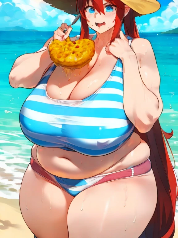 long redhaired fat girl eat more food on beach