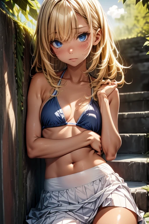 A creative and visually descriptive prompt featuring an anime tan skinned girl, her bikini top and long skirt barely her emaciated frame. She lies on the ground, her stomach in knots from starvation, her body trembling with hunger.