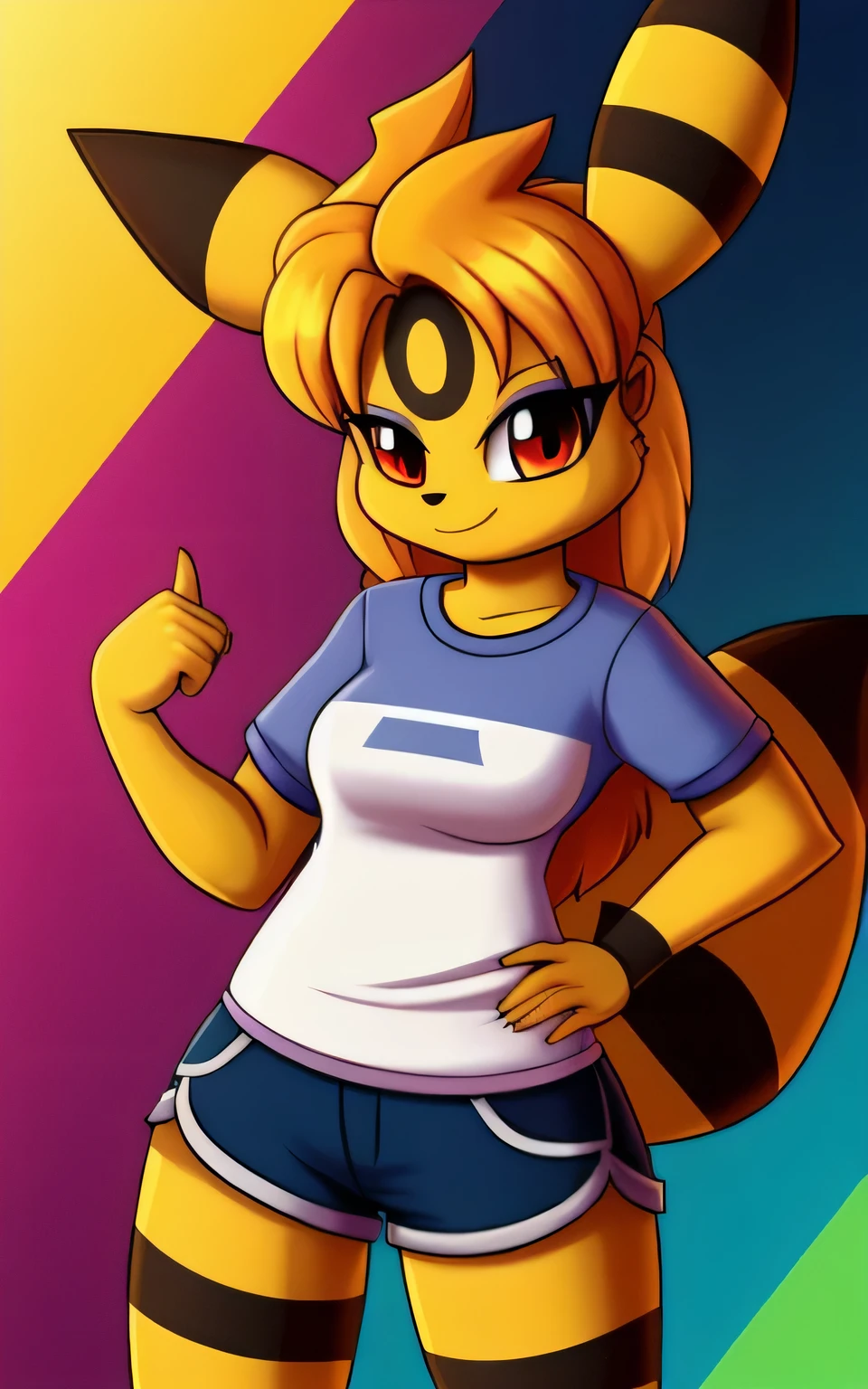 Furry-Eeveution, Carregado no E621,Umbreon [sharp focus], [questionable content], 1 garota,standing,suado,molhado,olhando para o espectador,Olhar zangado,corar,seios grandes,saia curta,shorts de bicicleta,corte superior,decote,coxas grossas,bunda grande,,Academy History