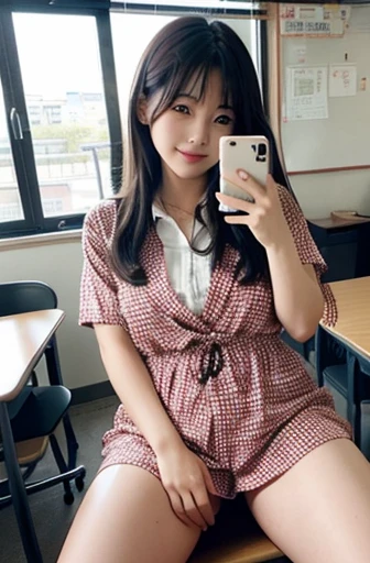 japanese woman、high school girl、long hair、classroom、Selfie、Changing clothes、spread legs、Plump