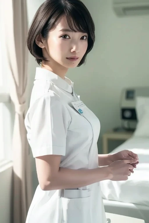 1 girl,(Wearing white nurse clothes:1.2),(Raw photo, highest quality), (realistic, photo-realistic:1.4), masterpiece, very delicate and beautiful, very detailed, 2k wallpaper, wonderful, finely, very detailed CG unity 8k wallpaper, Super detailed, High resolution, soft light, beautiful detailed girl, very detailed eyes and face, beautifully detailed nose, finely beautiful eyes, nurse, perfect anatomy, black hair, up style, nurse uniform, ((nurse cap)), long skirt, nurse, White costume, thin, hospital, clear, White uniform, hospital room, Neck auscultation,(short hair), ((Upper body))